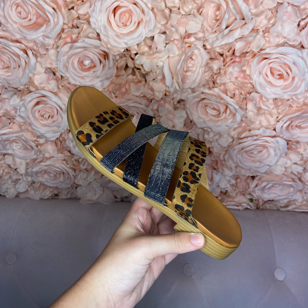 Brown leopard colorblock leather sandal